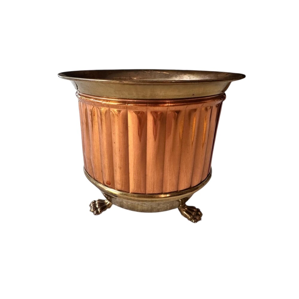 Vintage English Copper Planter | Brass Rim & Lion Paw Feet Jardinière